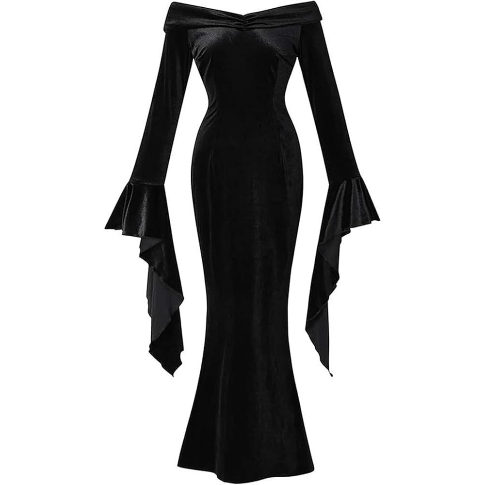 Womens Witchy Whimsigoth Velvet Maxi Dress XL Black Off Shoulder Vampy Gothic